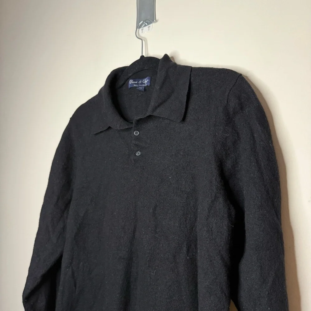 DAVIS & SQUIRE 100% Merino Wool Warm Quarter Button Preppy Black Polo Sweater